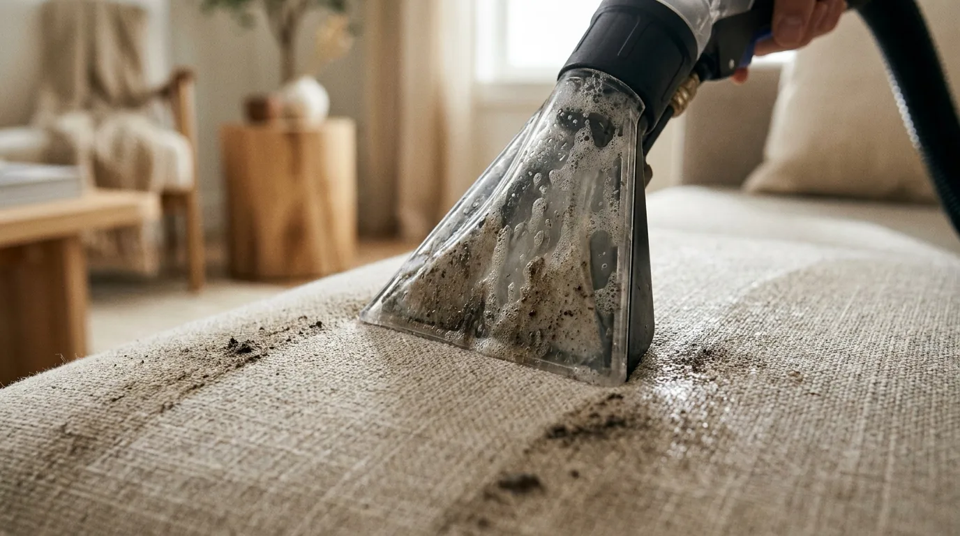 Gros plan sur la buse d'extraction transparente d'une shampouineuse et les fibres de sa brosse