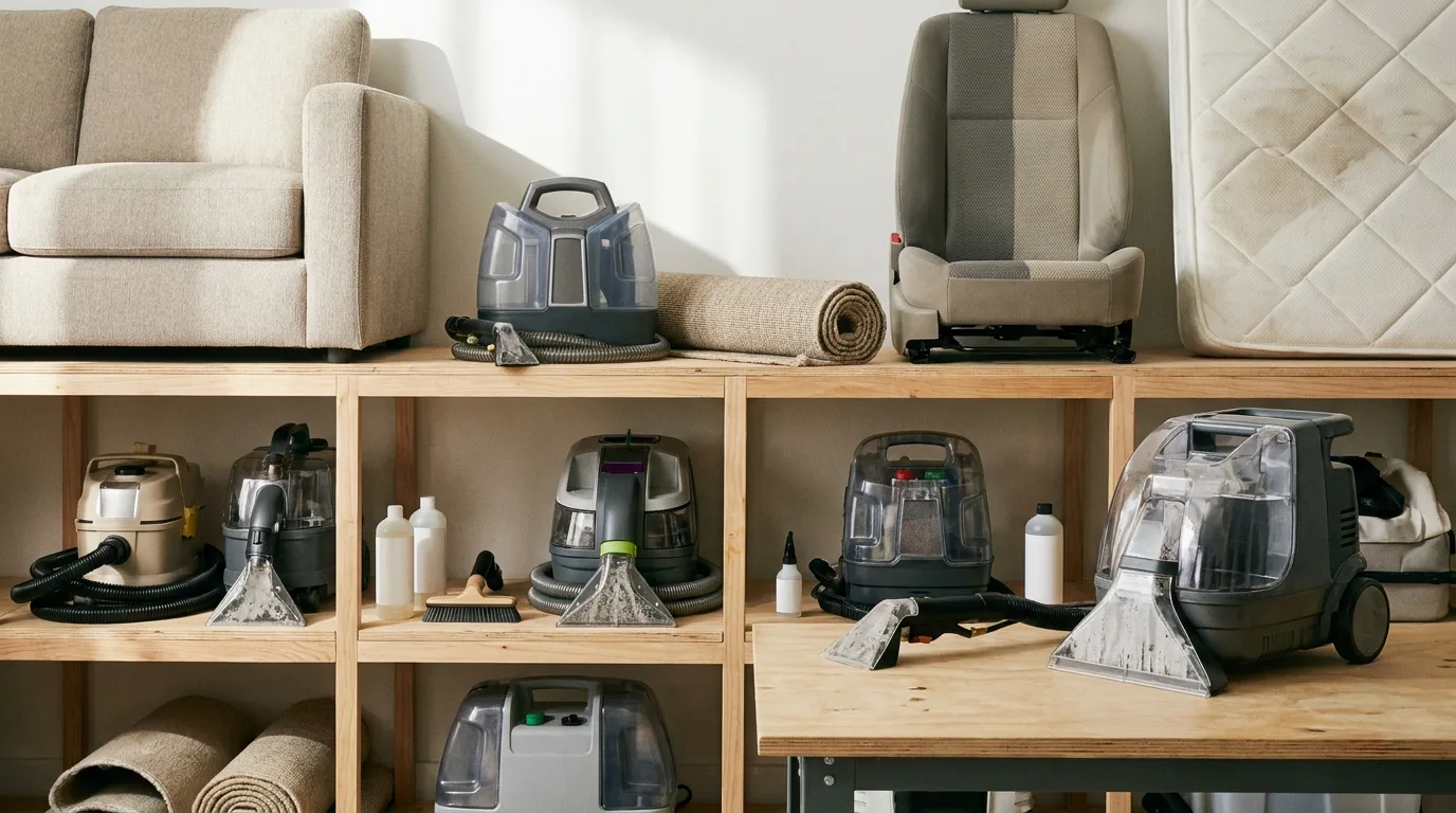 Plusieurs shampouineuses alignées, du portable compact au traîneau à gros réservoirs