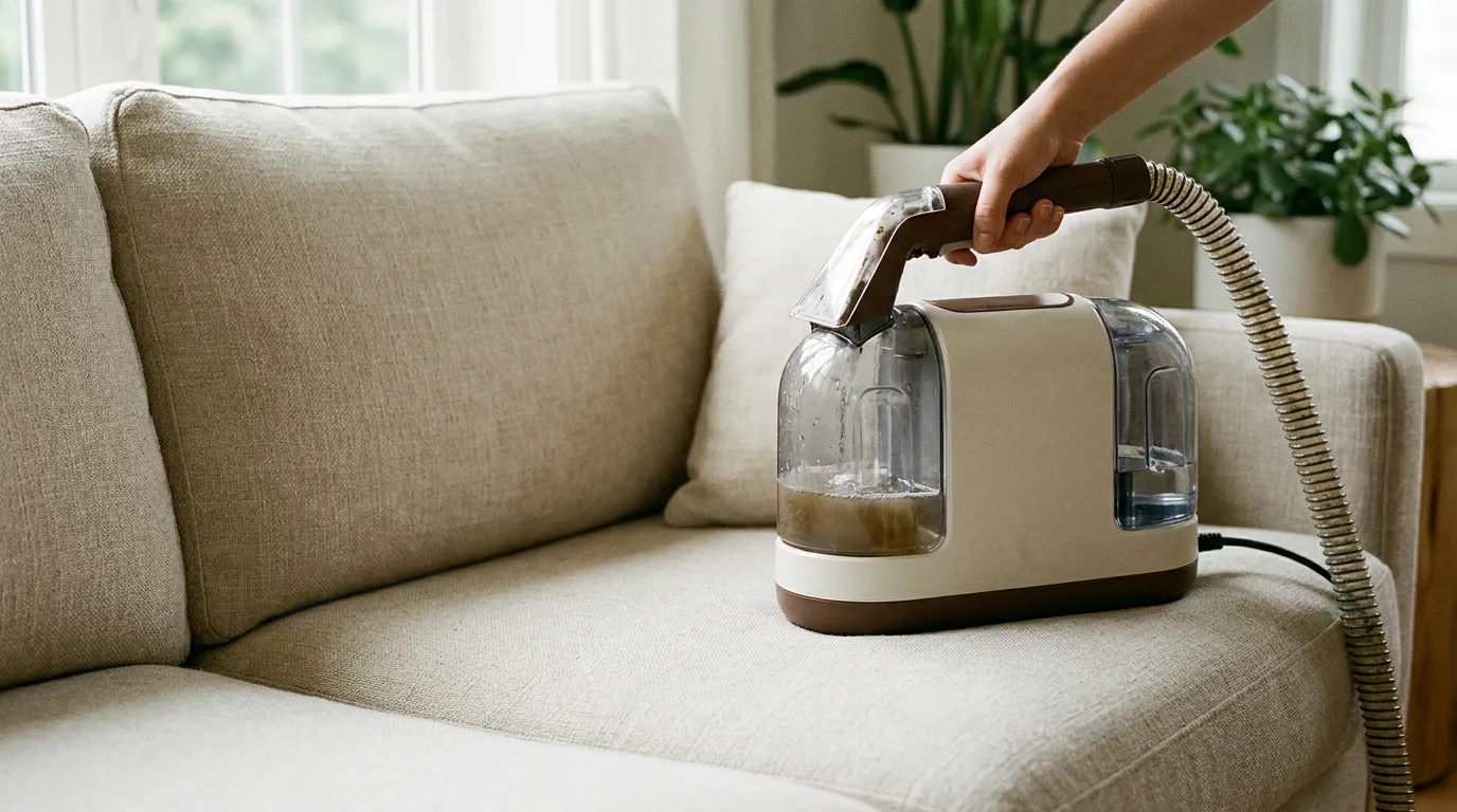 Suceur étroit d'une shampouineuse glissé entre les coutures de l'assise d'un canapé en tissu clair