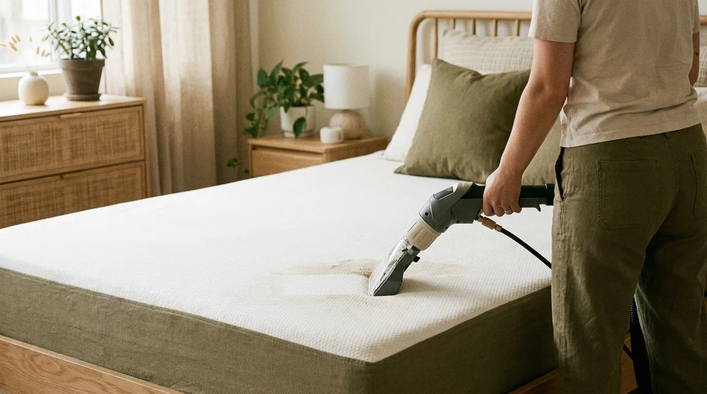 Shampouineuse injecteur-extracteur passée sur un matelas, buse d'extraction en main